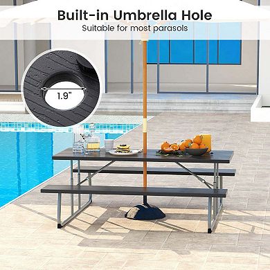 Black Folding Picnic Table Set with Metal Frame, HDPE Tabletop and Umbrella Hole for Outdoor Use