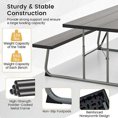 Black Folding Picnic Table Set with Metal Frame, HDPE Tabletop and Umbrella Hole for Outdoor Use