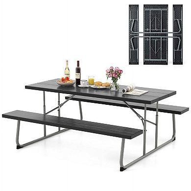 Black Folding Picnic Table Set with Metal Frame, HDPE Tabletop and Umbrella Hole for Outdoor Use