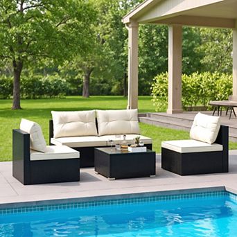 5 pc All Weather Outdoor Patio Conversation Set with Cushions and Coffee Table