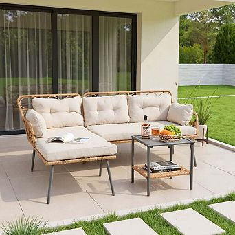 3 pc Beige Corner Patio Furniture Set with Small Matching Coffee Table