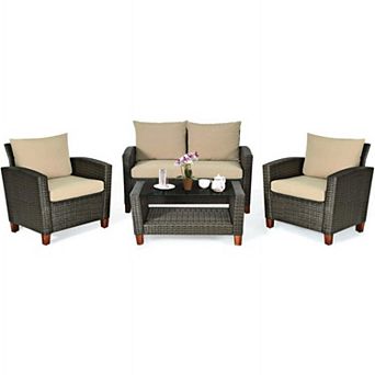4 pc Rattan Patio Bistro Conversation Set with Coffee Table for Outdoor Garden