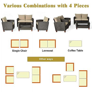 4 Pieces Rattan Patio Bistro Conversation Set with Coffee Table for Outdoor Garden
