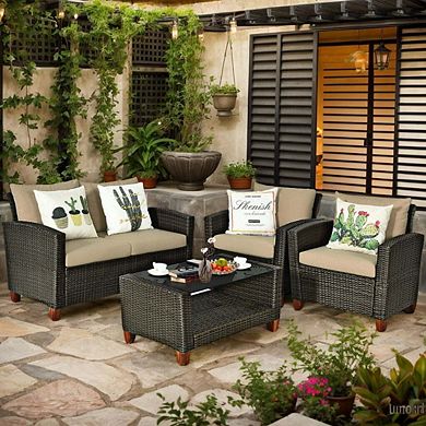 4 Pieces Rattan Patio Bistro Conversation Set with Coffee Table for Outdoor Garden