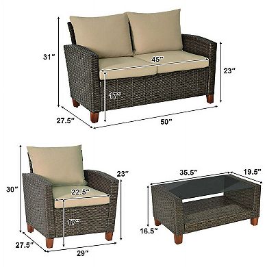 4 Pieces Rattan Patio Bistro Conversation Set with Coffee Table for Outdoor Garden
