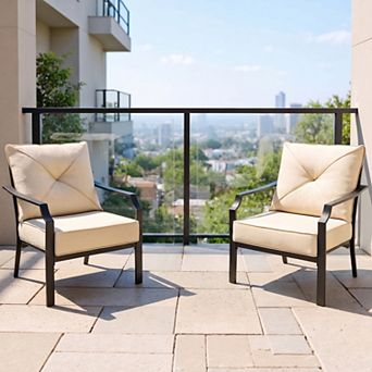 2 pc White Steel Frame Patio Bistro Set with Padded Armrest Cushioned Chairs