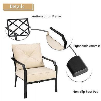 2 Pieces White Steel Frame Patio Bistro Set with Padded Armrest Cushioned Chairs