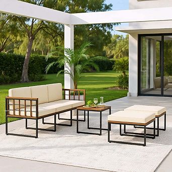 6 pc Beige Acacia Wood Patio Conversation Set with Coffee Table and Dual Ottomans