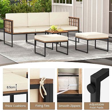 6 Pieces Beige Acacia Wood Patio Conversation Set with Coffee Table and Dual Ottomans