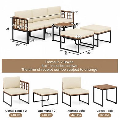 6 Pieces Beige Acacia Wood Patio Conversation Set with Coffee Table and Dual Ottomans