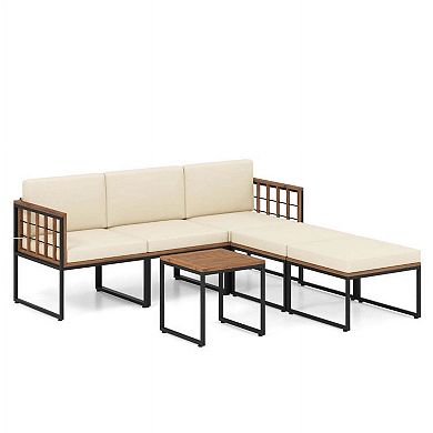 6 Pieces Beige Acacia Wood Patio Conversation Set with Coffee Table and Dual Ottomans