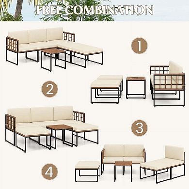 6 Pieces Beige Acacia Wood Patio Conversation Set with Coffee Table and Dual Ottomans