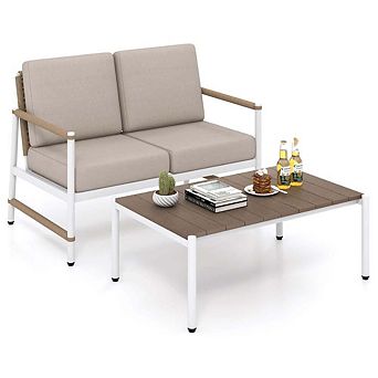 2 pc Patio Loveseat and Coffee Table Set with Thick Comfortable Seat Cushions