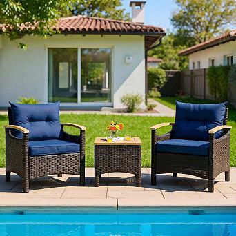 3 pc Off White Rattan Patio Conversation Set with Sofa Armrests and Wooden Tabletop
