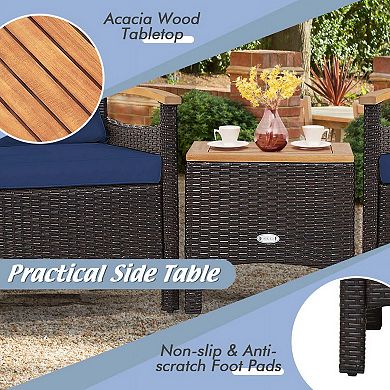 3 Pieces Off White Rattan Patio Conversation Set with Sofa Armrests and Wooden Tabletop