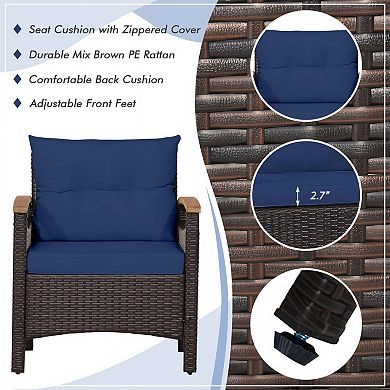 3 Pieces Off White Rattan Patio Conversation Set with Sofa Armrests and Wooden Tabletop