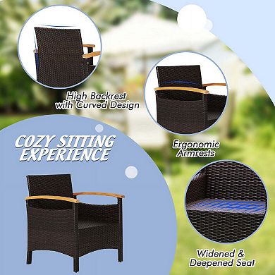 3 Pieces Off White Rattan Patio Conversation Set with Sofa Armrests and Wooden Tabletop