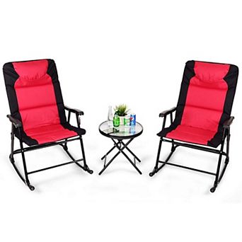 3 pc Black & Red Outdoor Folding Rocking Chair Set with Cushions and Side Table