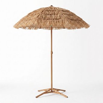 6.5ft foldable thatched tiki UV pool umbrella with push-button tilt, natural tone