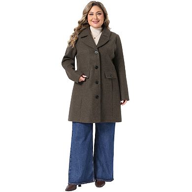 Women's Plus Size Notched Lapel Mid Length Single Breasted Long Sleeve Winter Overcoat with Pockets