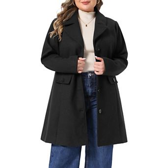 Women's Plus Size Notched Lapel Mid Length Single Breasted Long Sleeve Winter Overcoat with Pockets