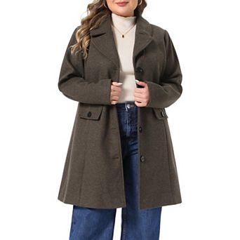Women's Plus Size Notched Lapel Mid Length Single Breasted Long Sleeve Winter Overcoat with Pockets