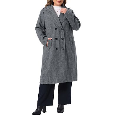 Women's Plus Size Notched Lapel Double Breasted Long Coat Long Sleeve Outerwear with Side Pockets