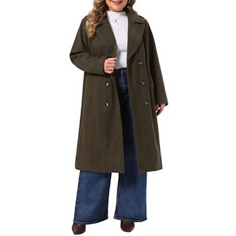 Women's Plus Size Notched Lapel Double Breasted Long Coat Long Sleeve Outerwear with Side Pockets
