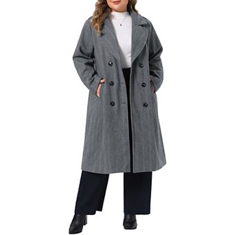 Women's Plus Size Notched Lapel Double Breasted Long Coat Long Sleeve Outerwear with Side Pockets