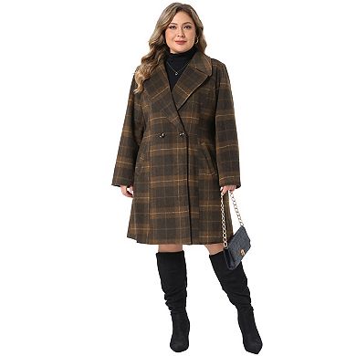 Women's Plus Size Notched Lapel Double Breasted Plaid Mid Length Winter Coat with Side Pockets