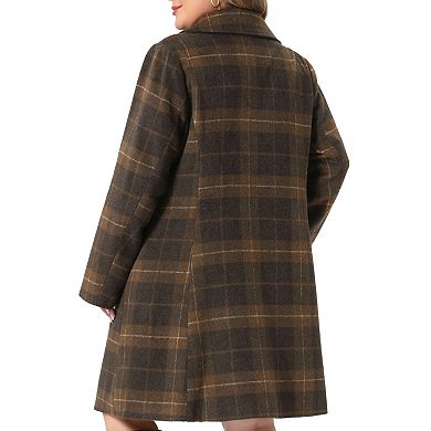 Women's Plus Size Notched Lapel Double Breasted Plaid Mid Length Winter Coat with Side Pockets