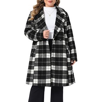 Women's Plus Size Notched Lapel Double Breasted Plaid Mid Length Winter Coat with Side Pockets
