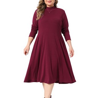 Women's Plus Size Mock Neck Long Sleeve Midi Dress with Side Pockets