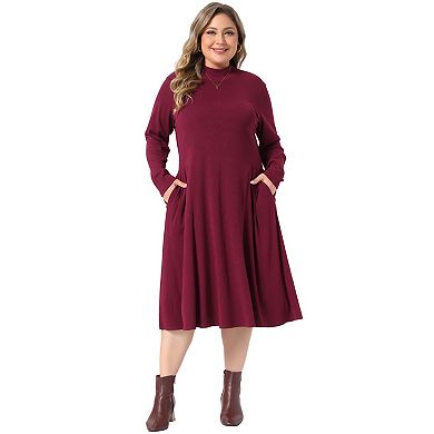 Women's Plus Size Mock Neck Long Sleeve Midi Dress with Side Pockets