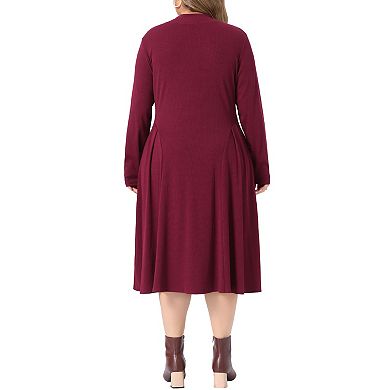 Women's Plus Size Mock Neck Long Sleeve Midi Dress with Side Pockets