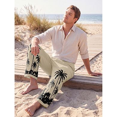Men's Casual Drawstring Waist Beach Hawaiian Printed Linen Pants