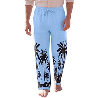 Men's Casual Drawstring Waist Beach Hawaiian Printed Linen Pants