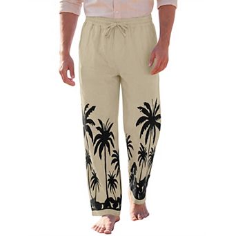 Men's Casual Drawstring Waist Beach Hawaiian Printed Linen Pants