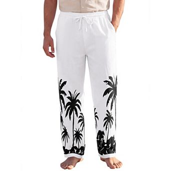 Men's Casual Drawstring Waist Beach Hawaiian Printed Linen Pants