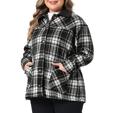 Women's Plus Size Plaid Shacket Collar Color Blocked Button Long Sleeve with Pocket Casual Jacket