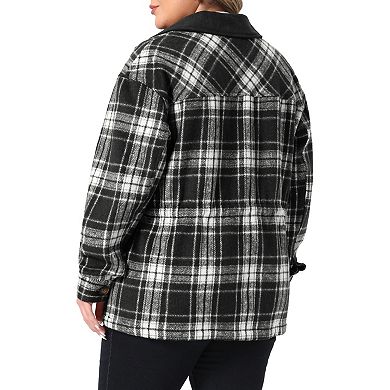 Women's Plus Size Plaid Shacket Collar Color Blocked Button Long Sleeve with Pocket Casual Jacket