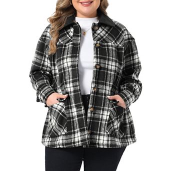 Women's Plus Size Plaid Shacket Collar Color Blocked Button Long Sleeve with Pocket Casual Jacket