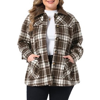 Women's Plus Size Plaid Shacket Collar Color Blocked Button Long Sleeve with Pocket Casual Jacket