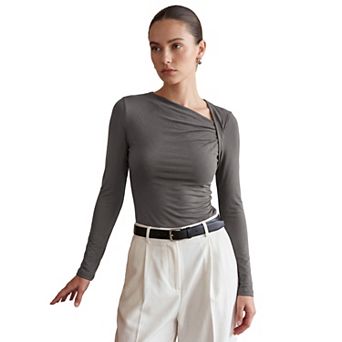 Asymmetrical Neck Tops for Womens's Casual Long Sleeve Bodycon Y2K Going Out Blouses