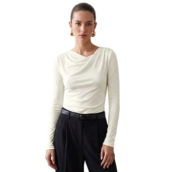 Cowl Neck Tops for Womens's Long Sleeve Elegant Draped Fall Casual Lightweight Blouse