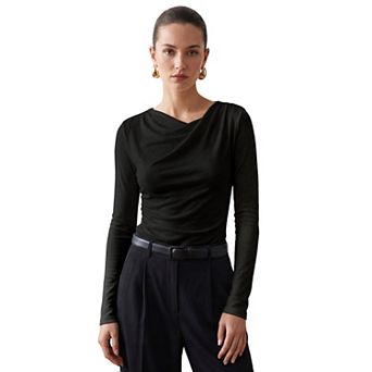 Cowl Neck Tops for Womens's Long Sleeve Elegant Draped Fall Casual Lightweight Blouse