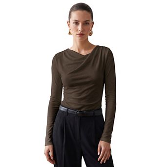 Cowl Neck Tops for Womens's Long Sleeve Elegant Draped Fall Casual Lightweight Blouse