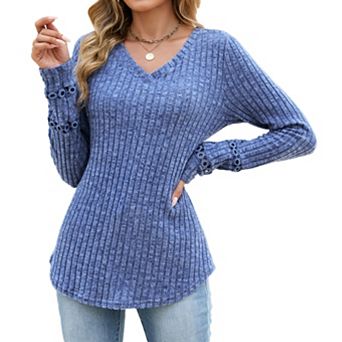 Womens V-Neck Tops Dressy Long Sleeve Shirts Trendy Tunic Blouses