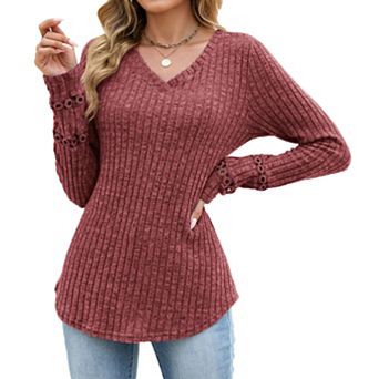 Womens V-Neck Tops Dressy Long Sleeve Shirts Trendy Tunic Blouses