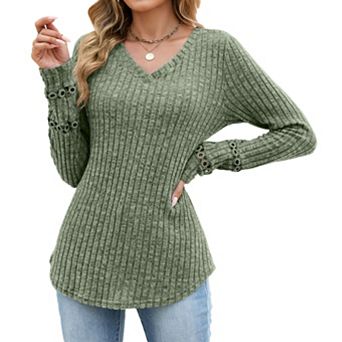 Womens V-Neck Tops Dressy Long Sleeve Shirts Trendy Tunic Blouses